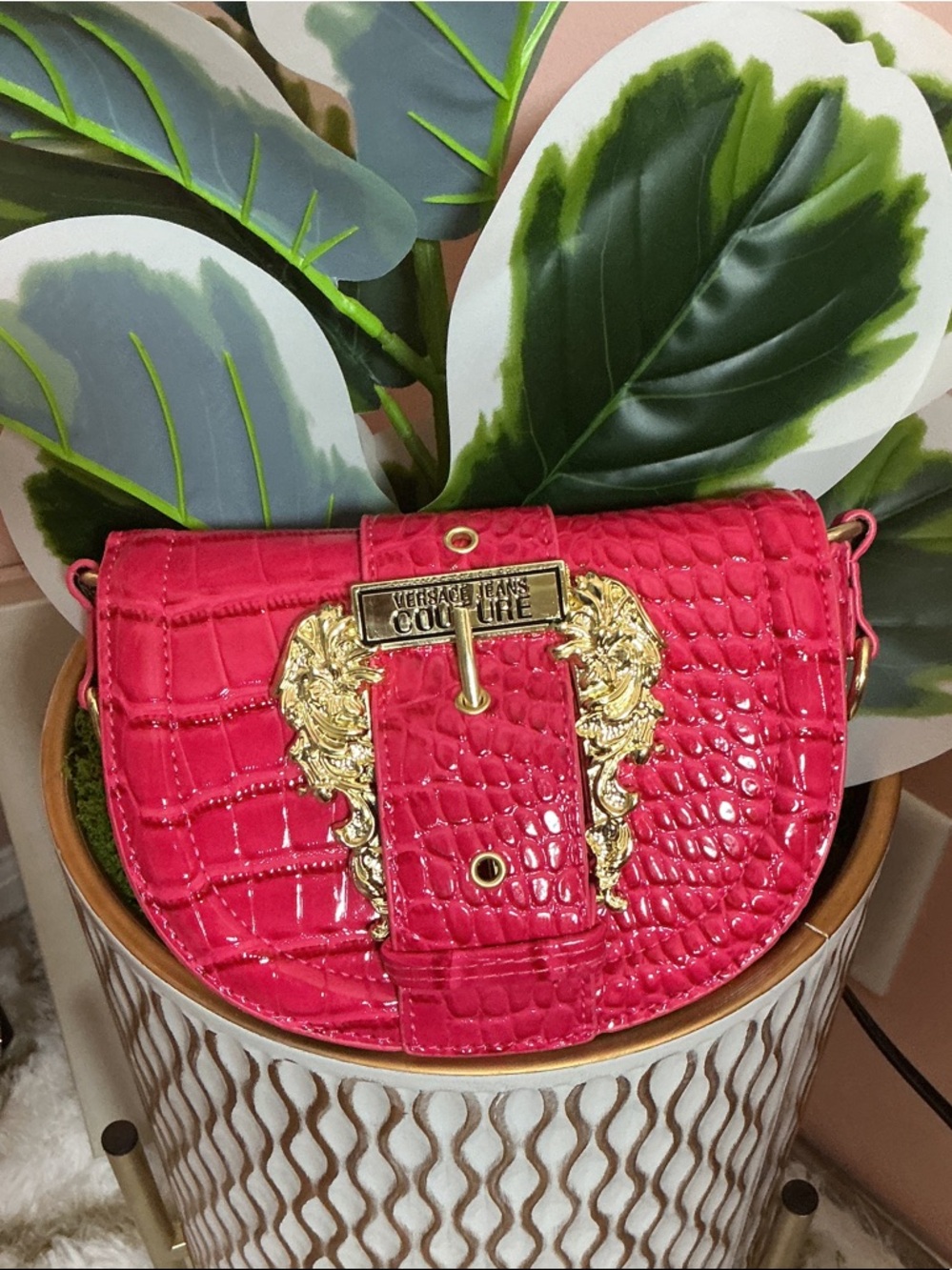 Versace Jeans Couture Hot Pink Croc-Embossed Saddle Crossbody